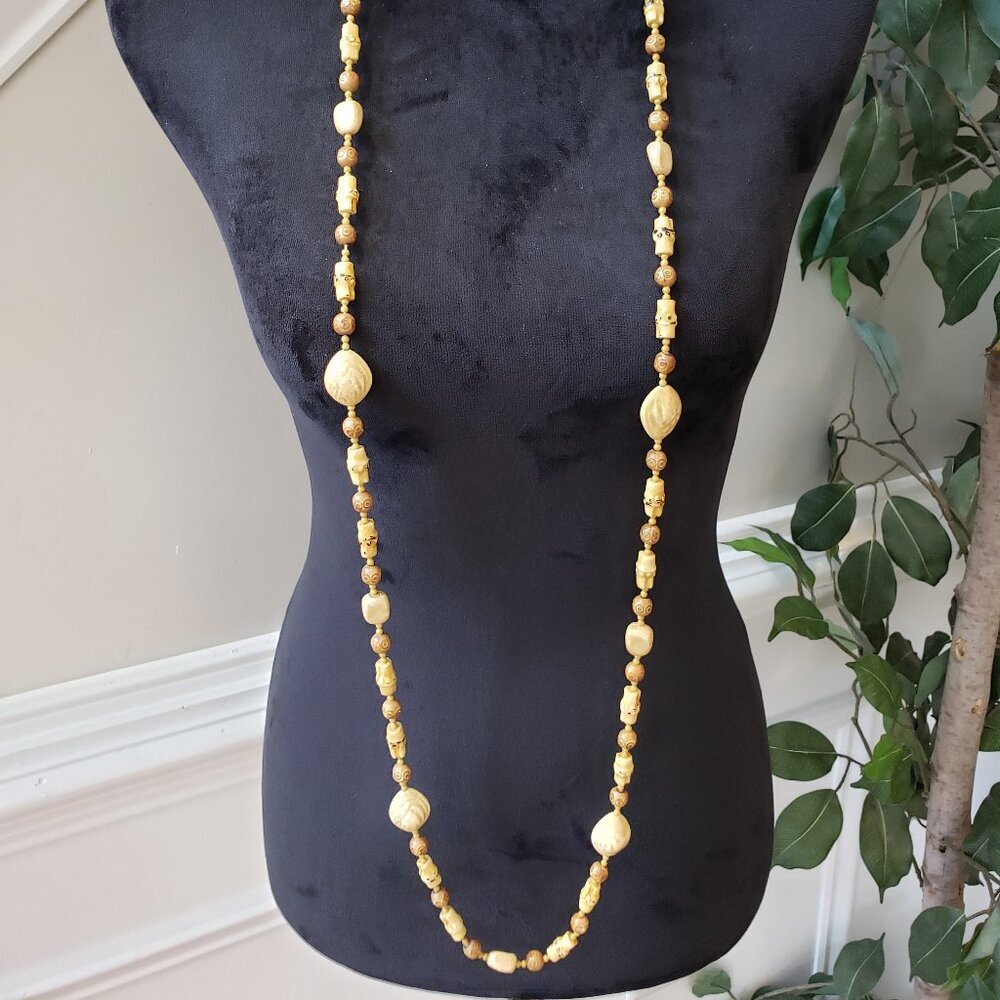 VTG Women Fashion 2 Strand Art Deco Carved Marbled Beads Necklace w/ Spring Ring
